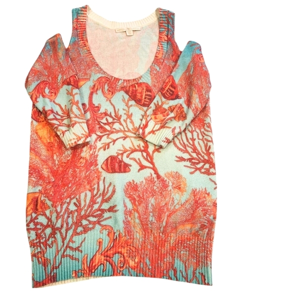 Boston Proper Coral Reef Cold Shoulder Sweater 3/4 Sleeves Teal Red Orange Sz S - Picture 1 of 4